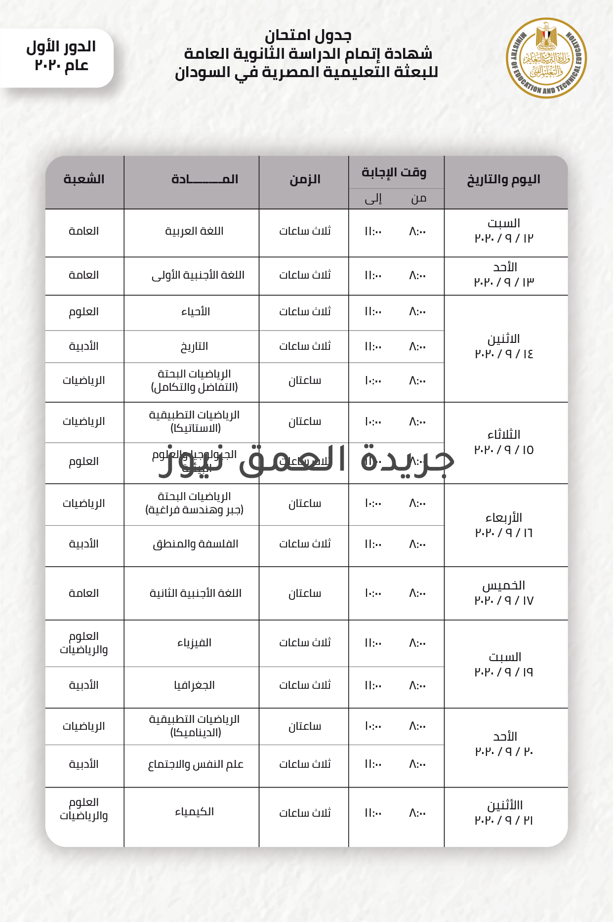 جدول امتحان الدور الأول 2020 لشهادة إتمام الدراسة الثانوية العامة