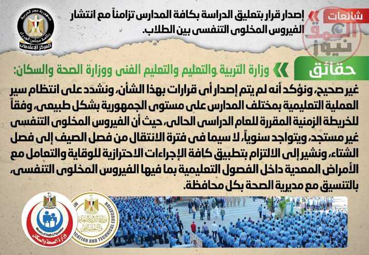 إصدار قرار بتعليق الدراسة بكافة المدارس تزامناً مع انتشار الفيروس المخلوي التنفسي بين الطلاب(العمق نيوز)